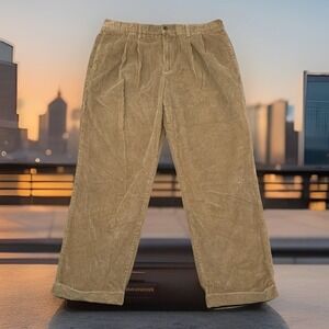 Vintage DOCKERS Corduroy Trousers Men 36x29 Brown Khaki Cord Pleated Cuffed 90s